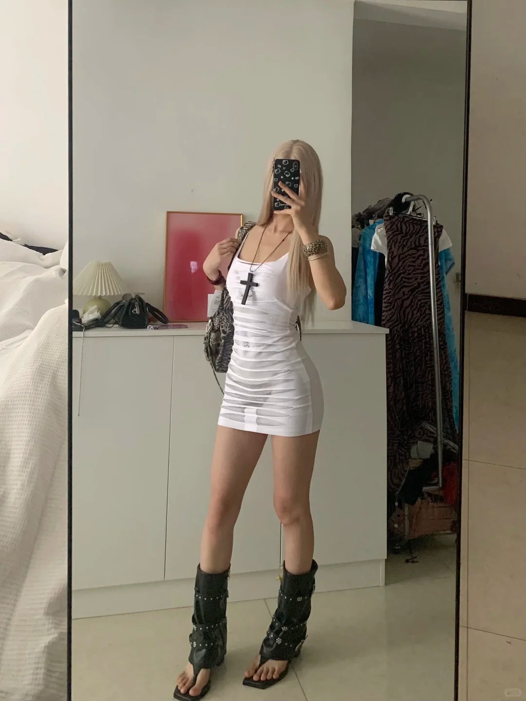 White Body Print Tight Mini Dress Y2K Mini Dress