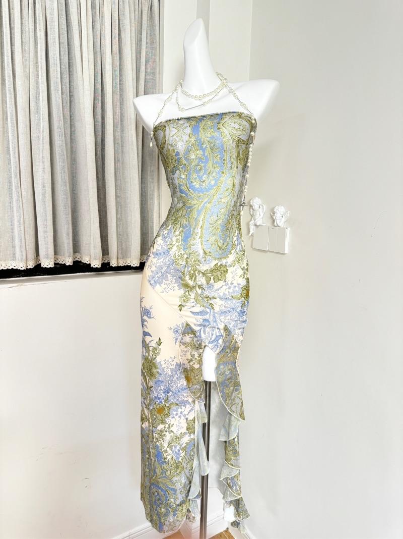 women tube top green plants print midi dress