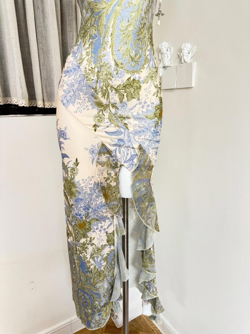 women tube top green plants print midi dress
