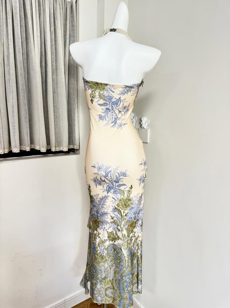 women tube top green plants print midi dress