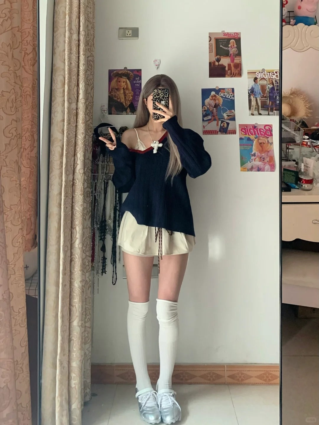 Navy Off-Shoulder Sweater and Ivory Drawstring Shorts Y2K Two Pieces Sets