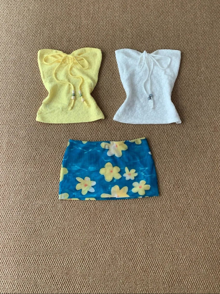 White Lace Tube Top and Blue Floral Skirt Y2K Two Pieces Sets