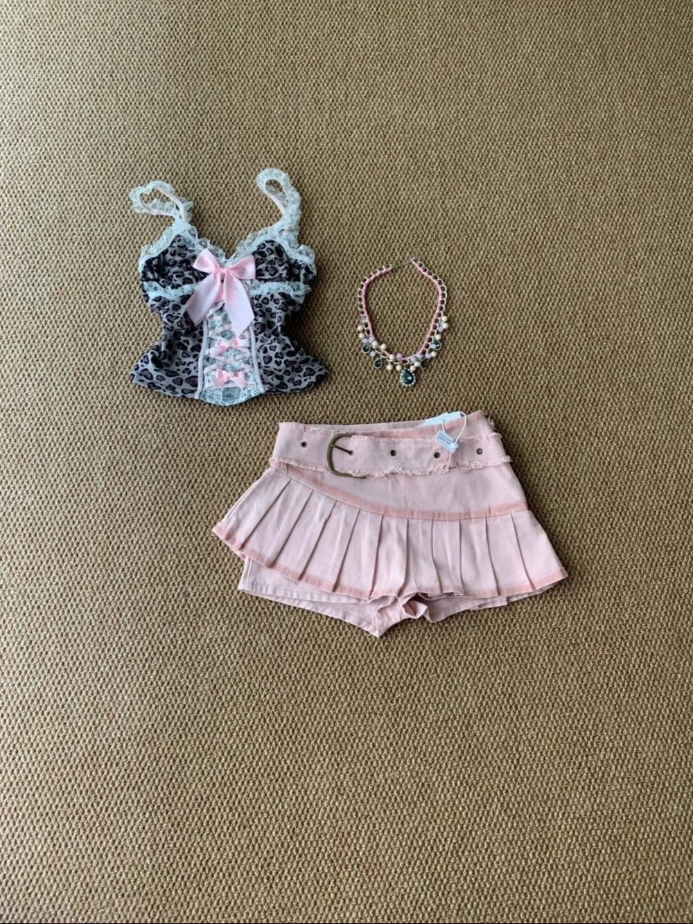 Brown Leopard Lace Bow Top and Pink Denim Skirt Y2K Two Pieces Sets