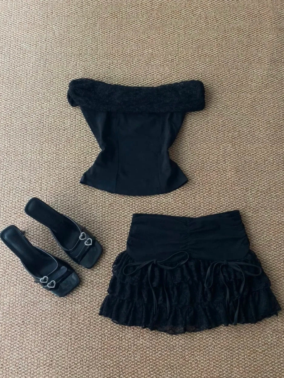 Black One Shoulder Lace Ruffle Mini Dress Y2K Mini Dress
