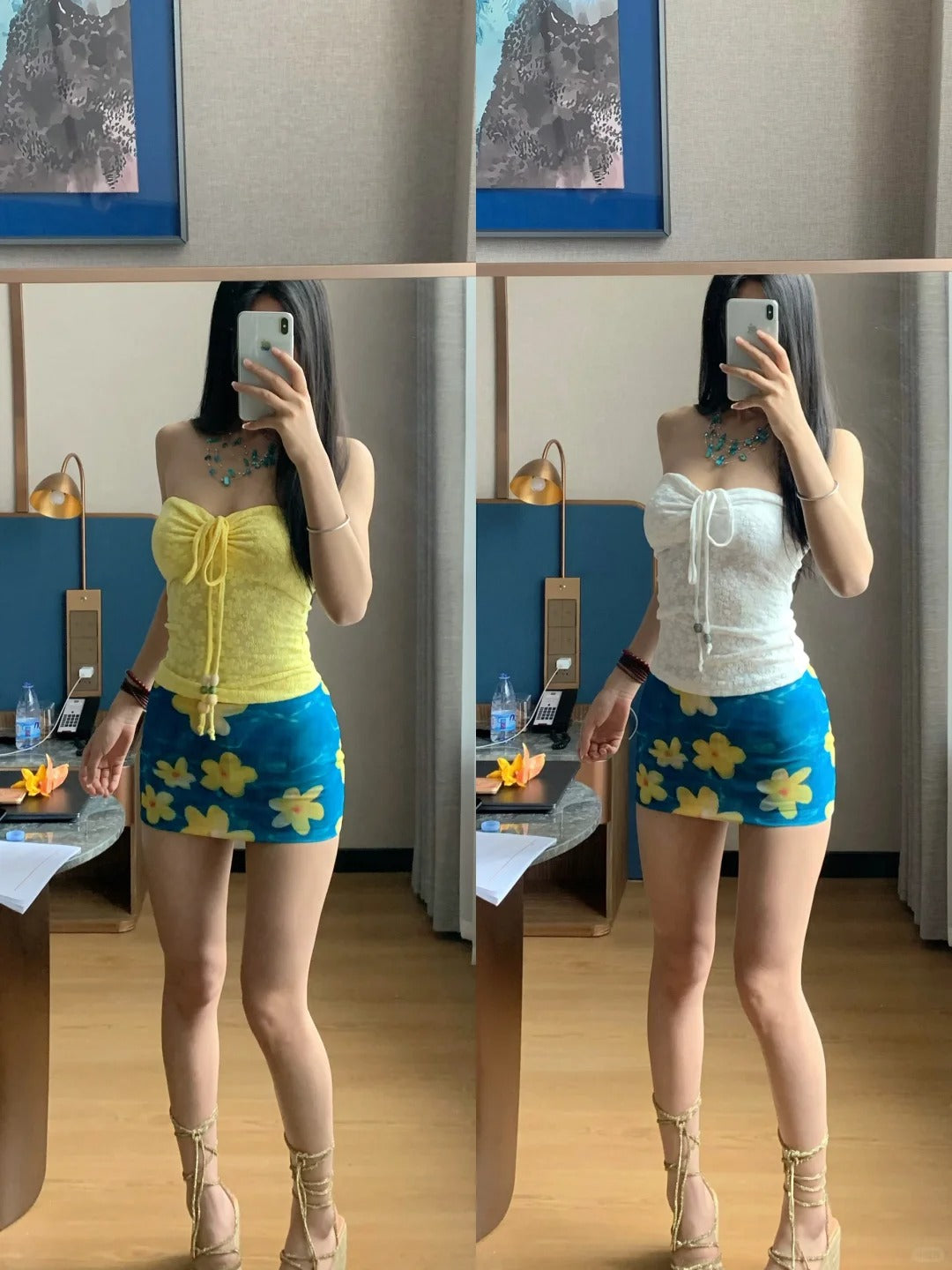 White Lace Tube Top and Blue Floral Skirt Y2K Two Pieces Sets