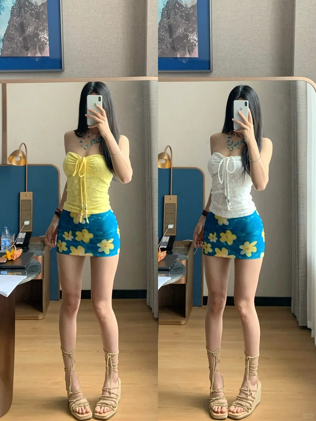 White Lace Tube Top and Blue Floral Skirt Y2K Two Pieces Sets