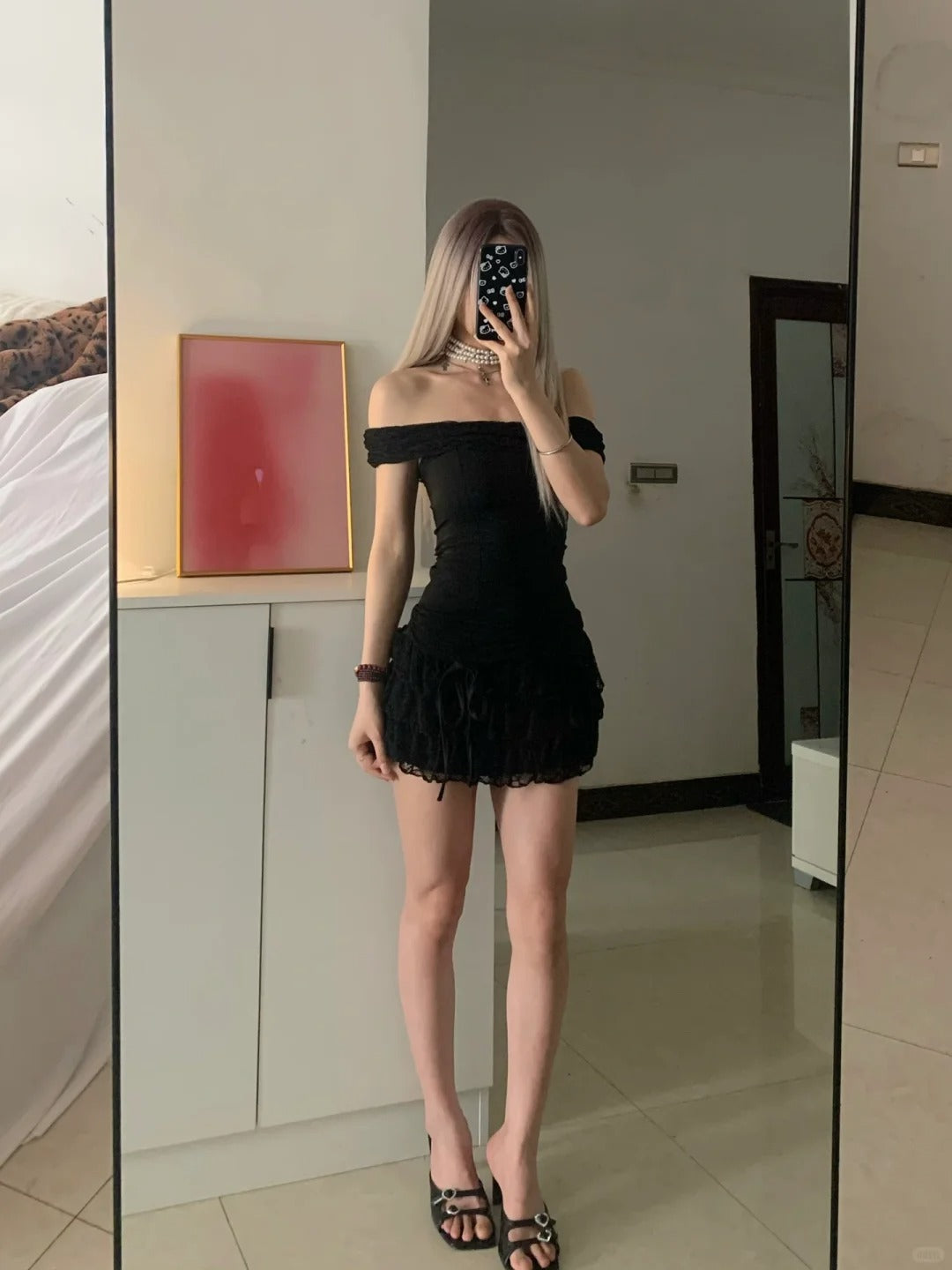 Black One Shoulder Lace Ruffle Mini Dress Y2K Mini Dress