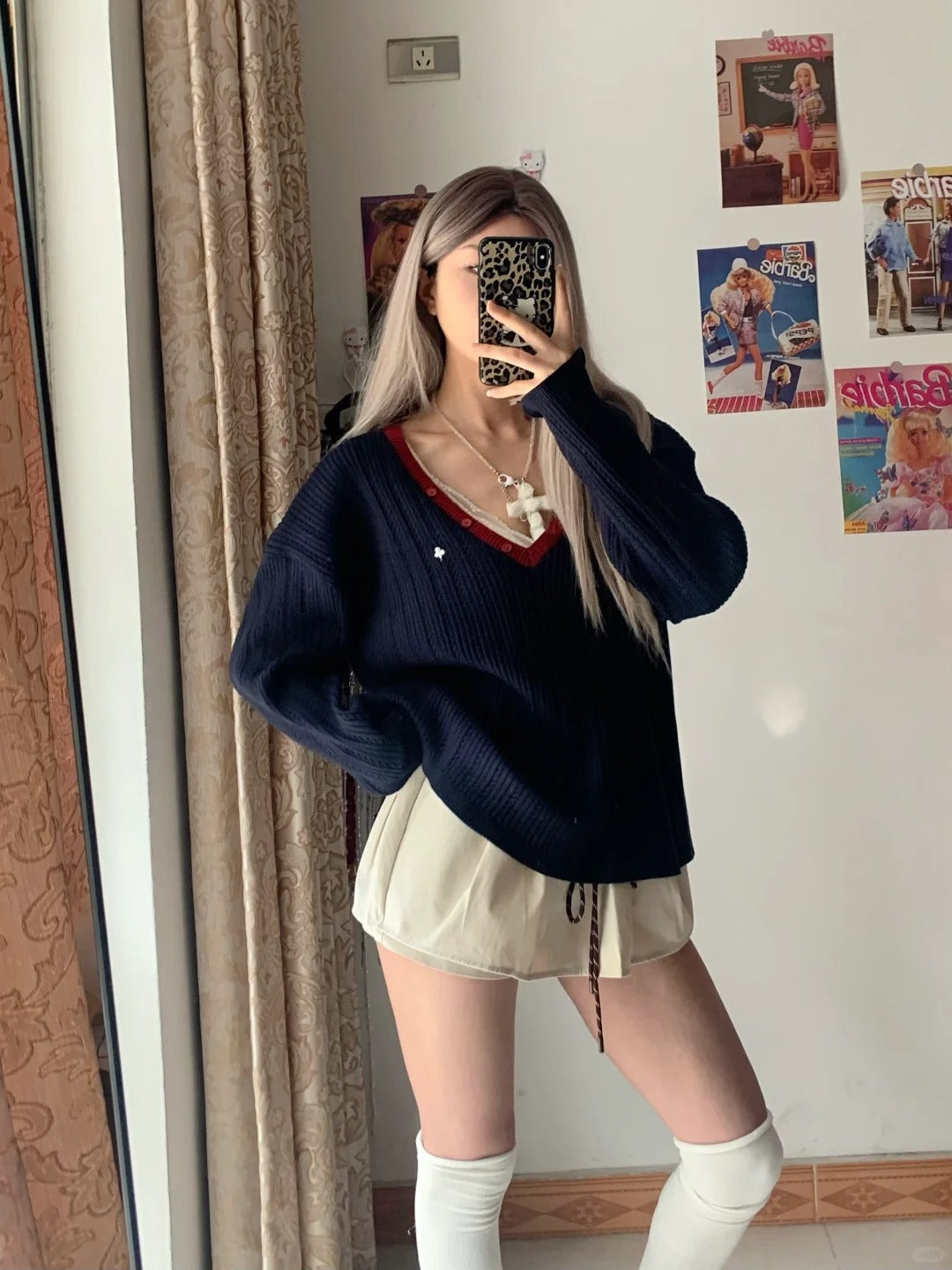 Navy Off-Shoulder Sweater and Ivory Drawstring Shorts Y2K Two Pieces Sets