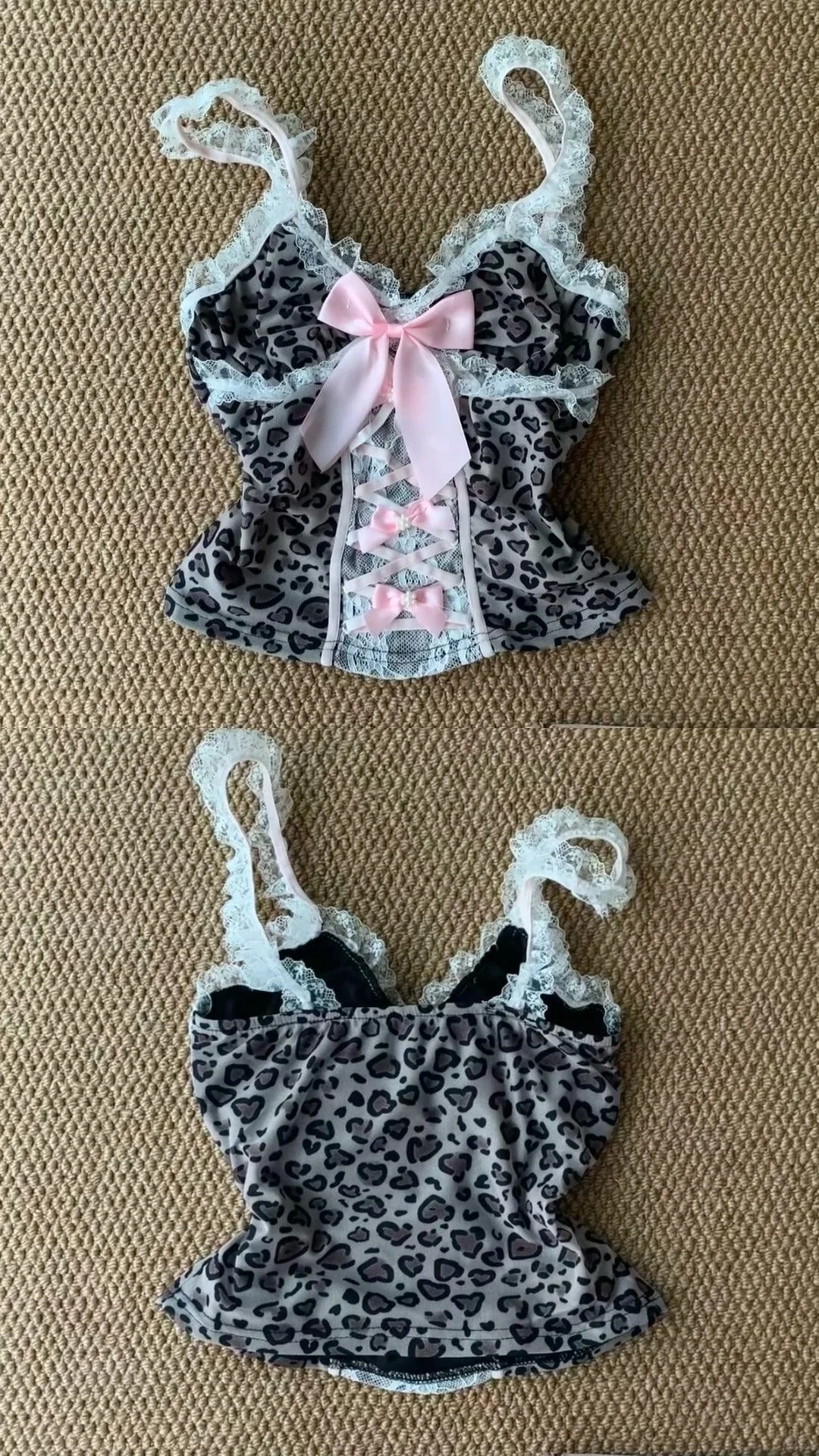 Brown Leopard Lace Bow Top and Pink Denim Skirt Y2K Two Pieces Sets