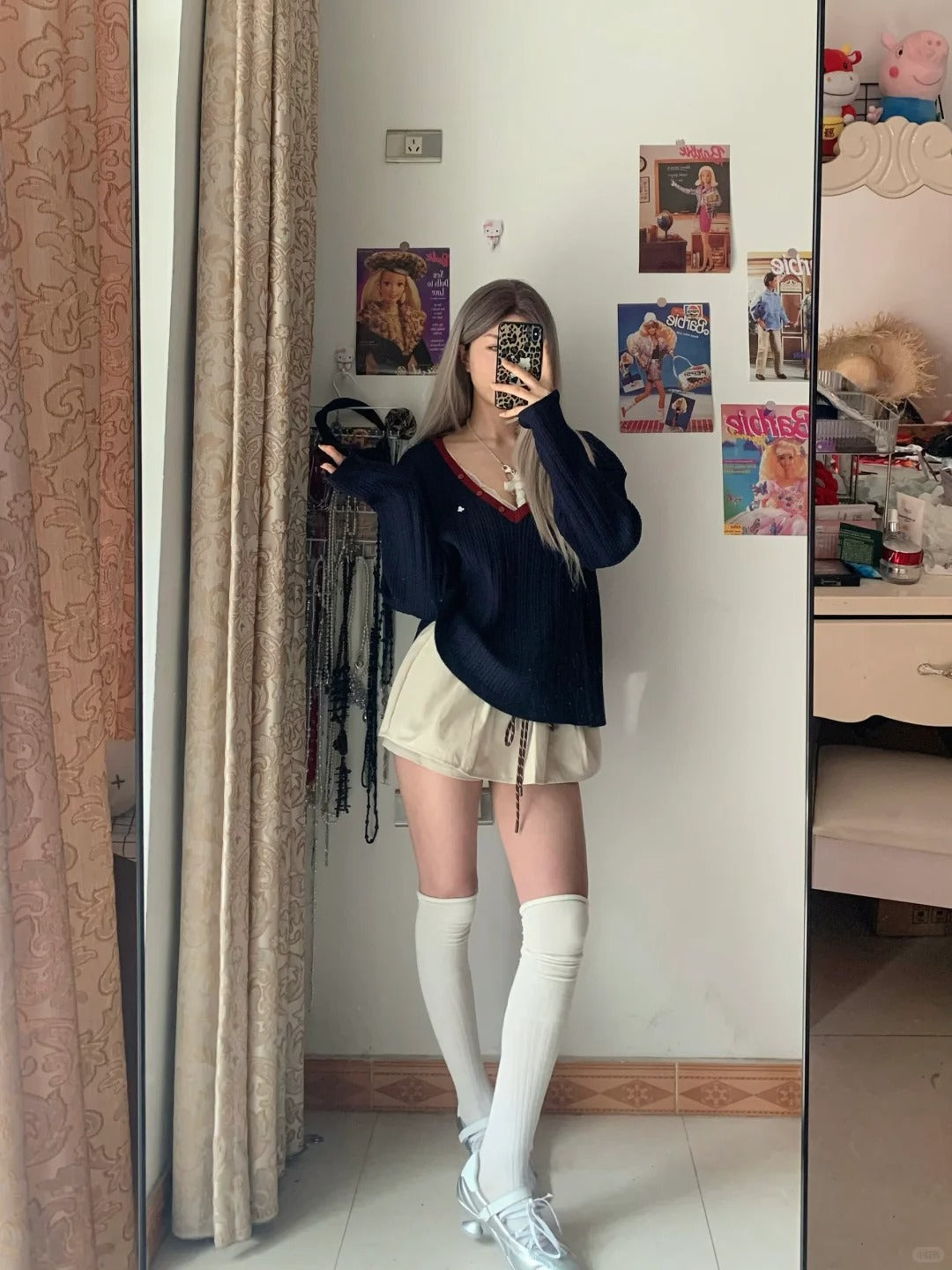 Navy Off-Shoulder Sweater and Ivory Drawstring Shorts Y2K Two Pieces Sets