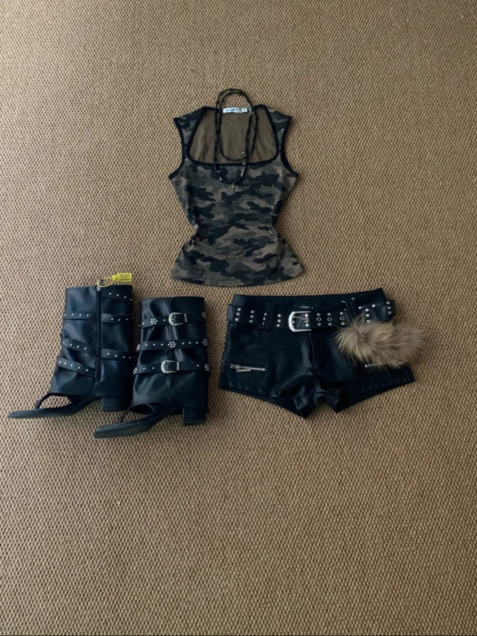 Green Camo Tank and Black Denim Shorts Y2K Two Pieces Sets