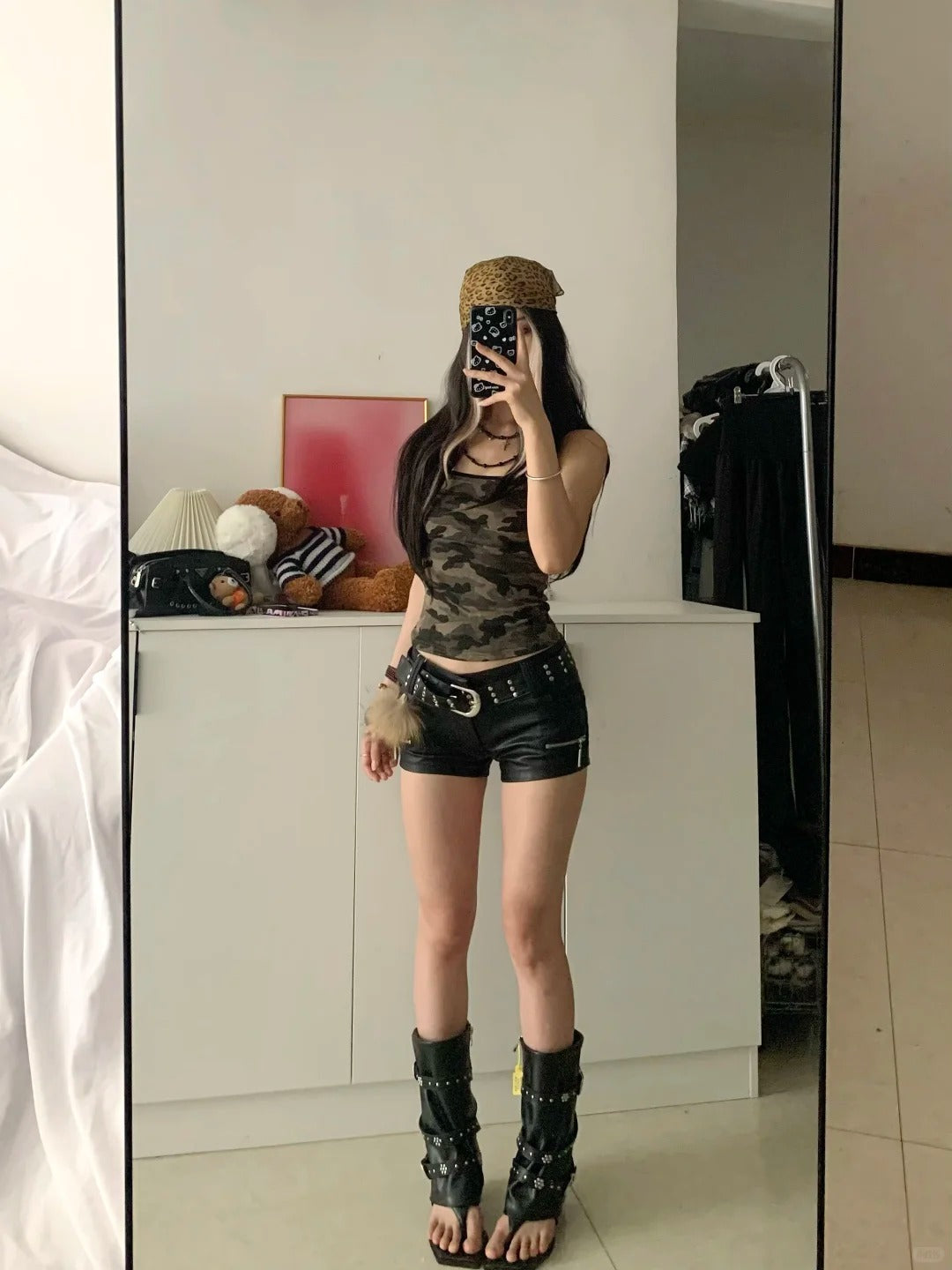 Green Camo Tank and Black Denim Shorts Y2K Two Pieces Sets