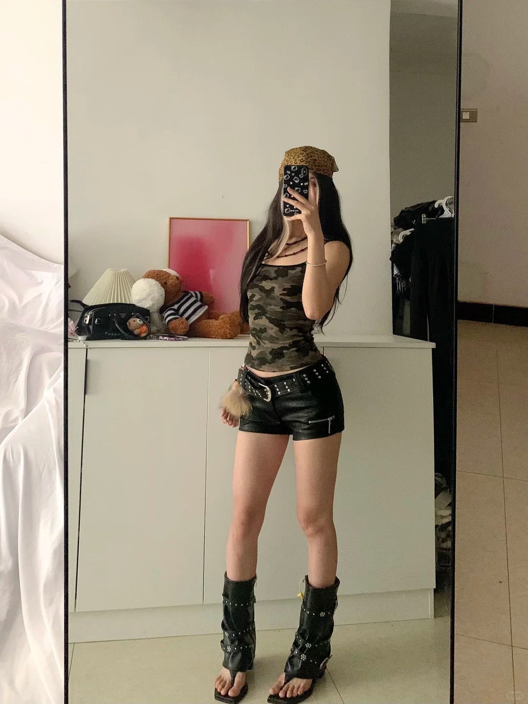 Green Camo Tank and Black Denim Shorts Y2K Two Pieces Sets