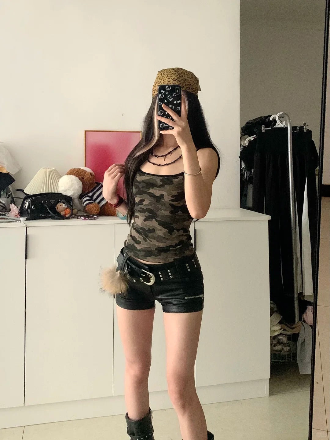Green Camo Tank and Black Denim Shorts Y2K Two Pieces Sets