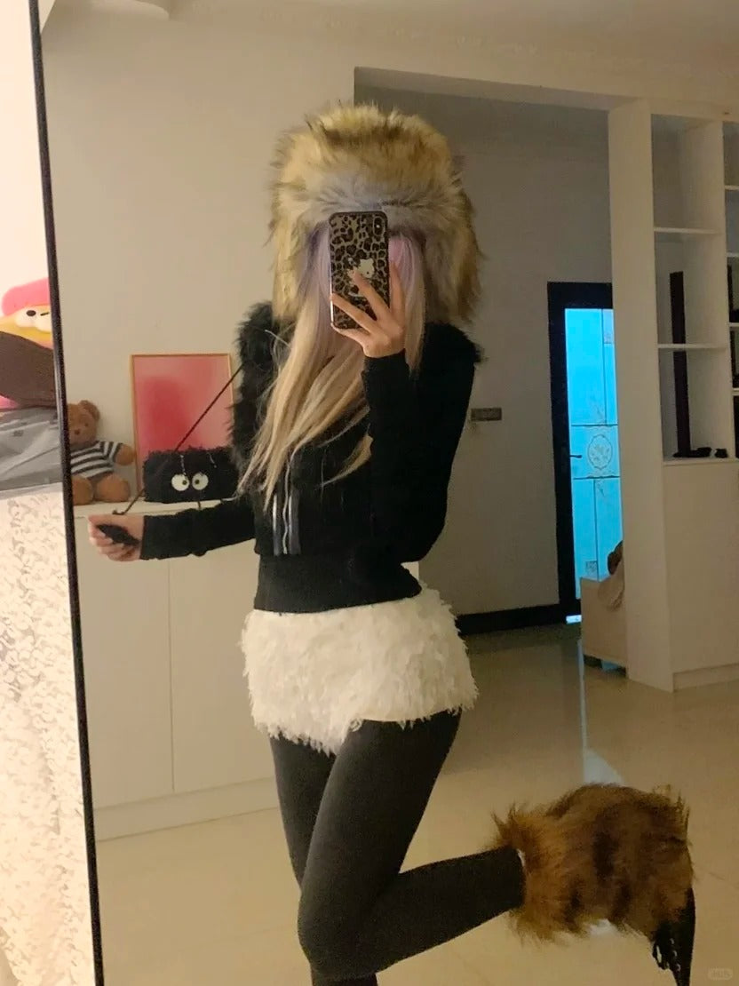 Black Hooded Crop Top with White Fur Shorts Y2K Two-Piece Set