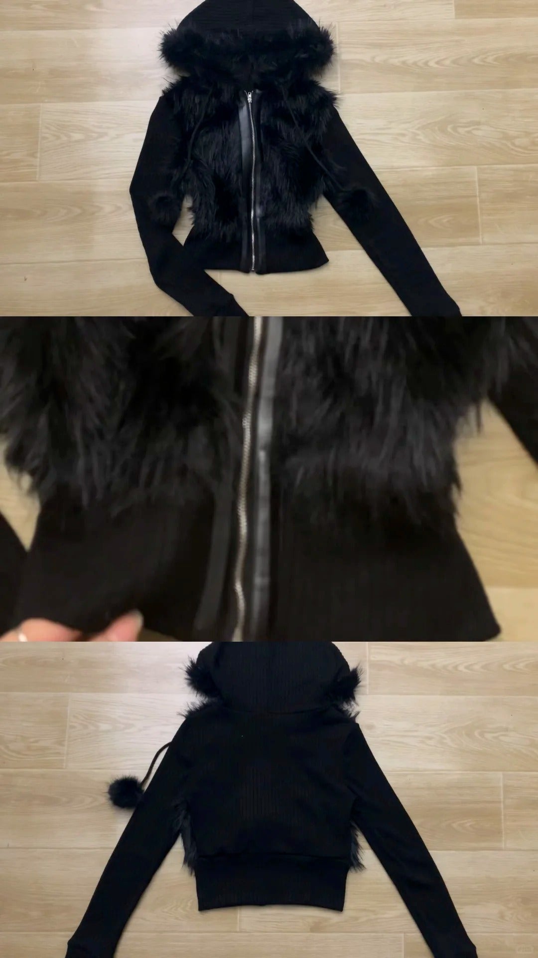 Black Hooded Crop Top with White Fur Shorts Y2K Two-Piece Set