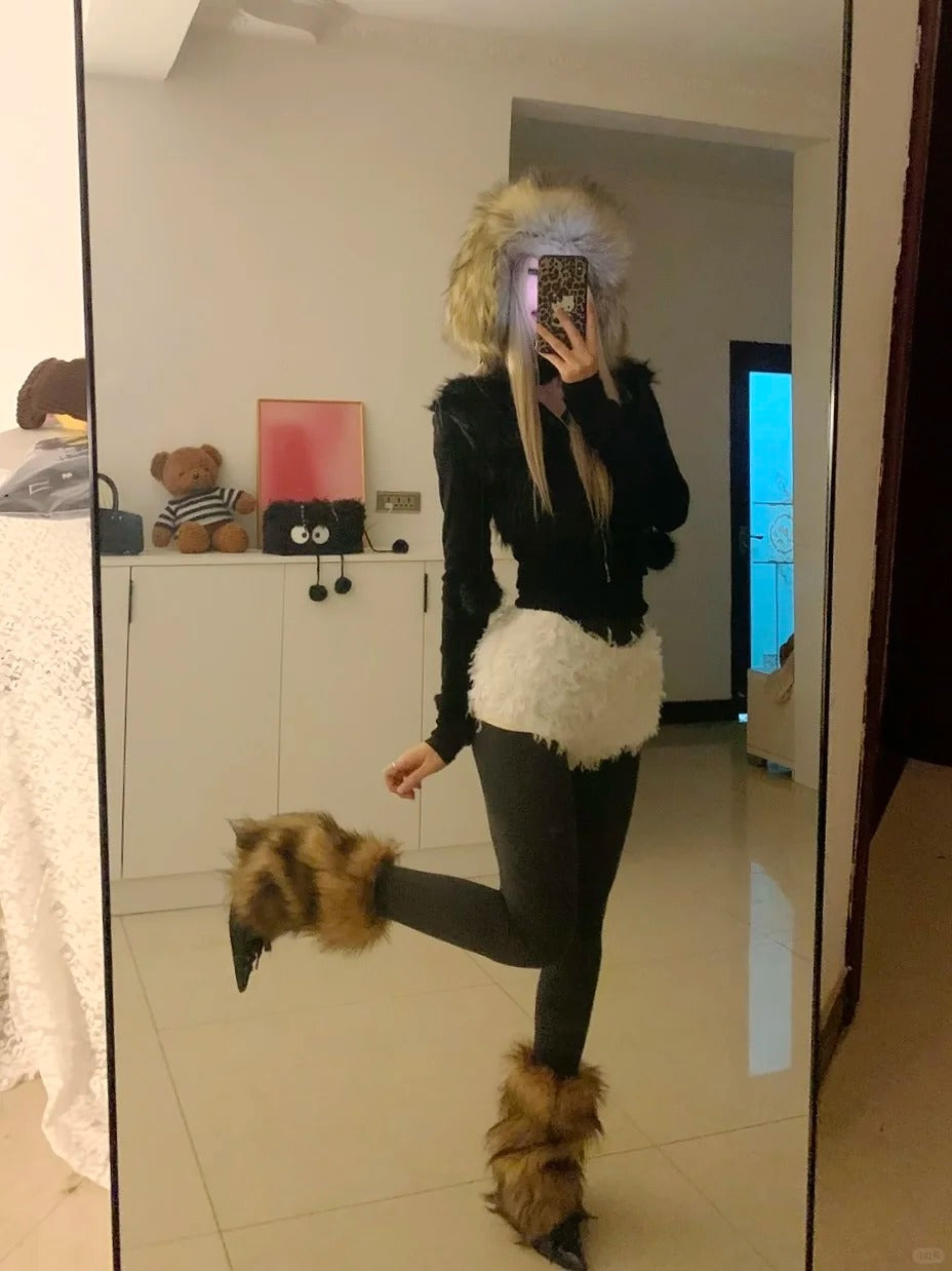 Black Hooded Crop Top with White Fur Shorts Y2K Two-Piece Set