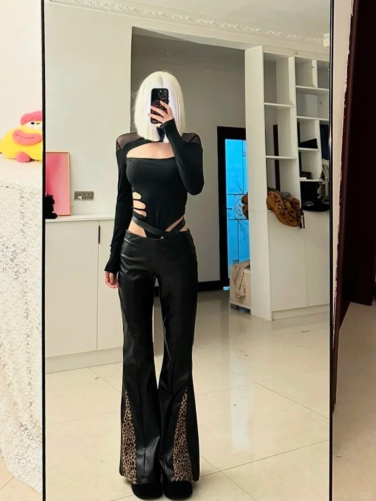 Black Mesh Cutout Top with Leopard Patchwork Leather Pants Y2K Two-Piece