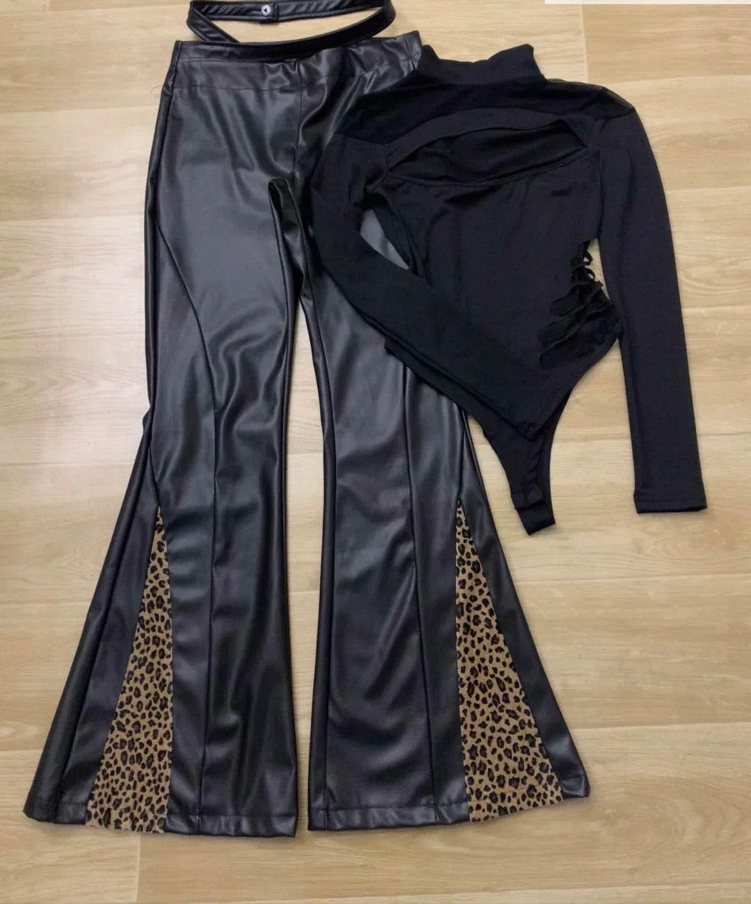 Black Mesh Cutout Top with Leopard Patchwork Leather Pants Y2K Two-Piece