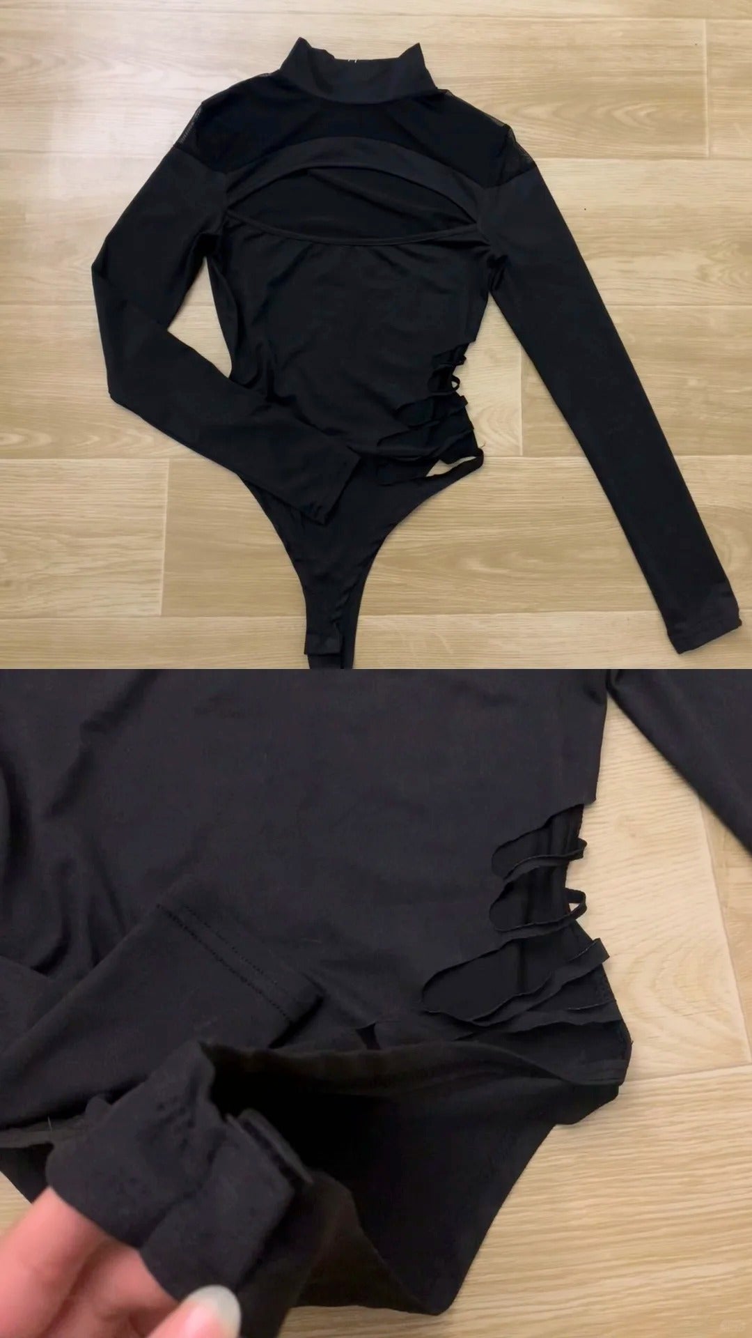 Black Mesh Cutout Top with Leopard Patchwork Leather Pants Y2K Two-Piece