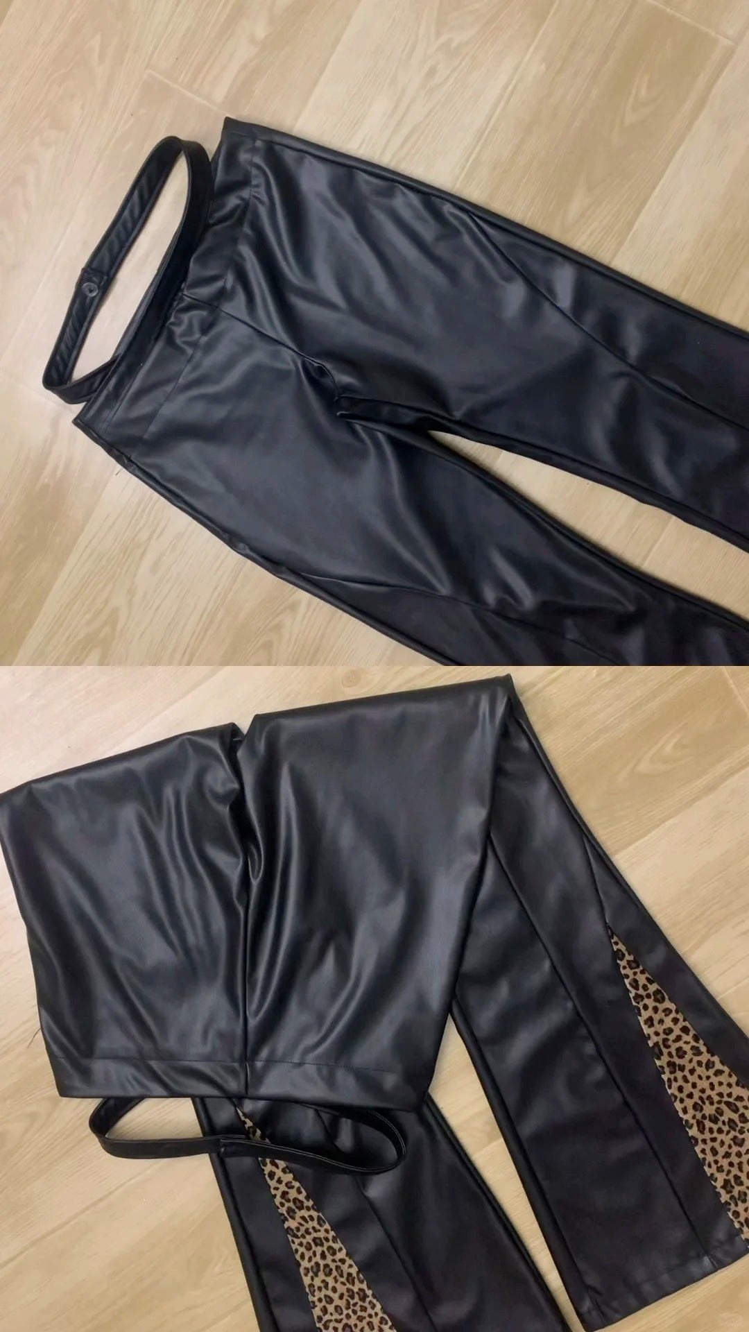 Black Mesh Cutout Top with Leopard Patchwork Leather Pants Y2K Two-Piece