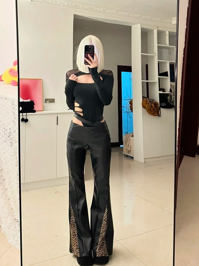 Black Mesh Cutout Top with Leopard Patchwork Leather Pants Y2K Two-Piece