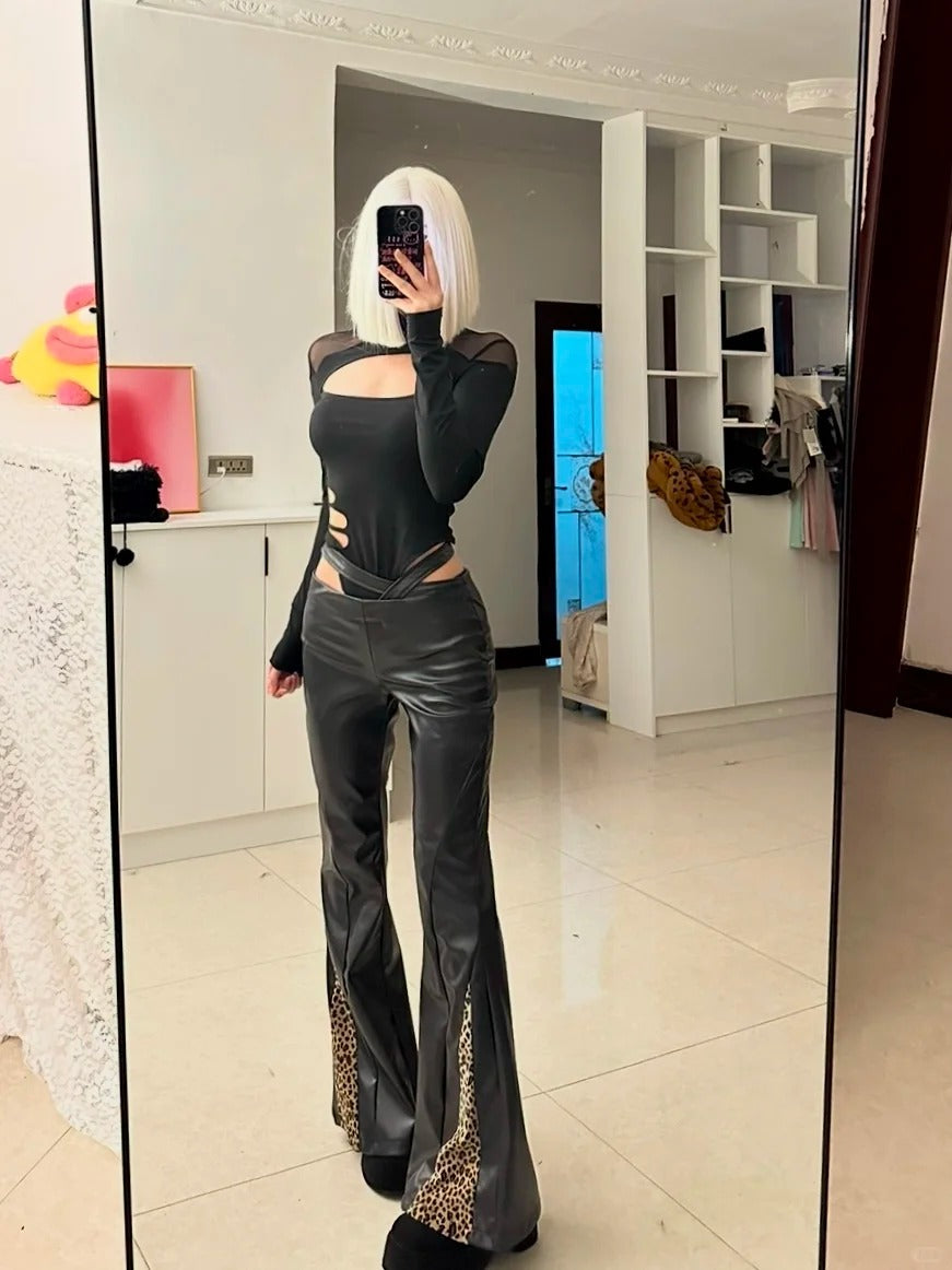Black Mesh Cutout Top with Leopard Patchwork Leather Pants Y2K Two-Piece