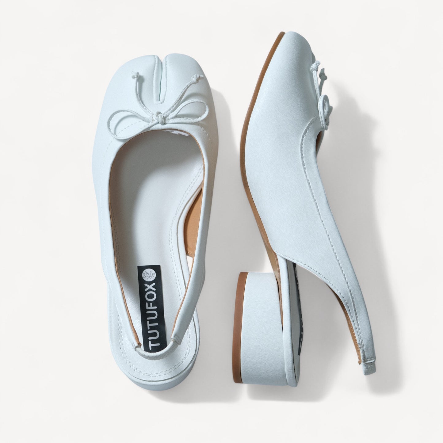 White Leather Bow Round Heel Split-Toe Strap Tabi