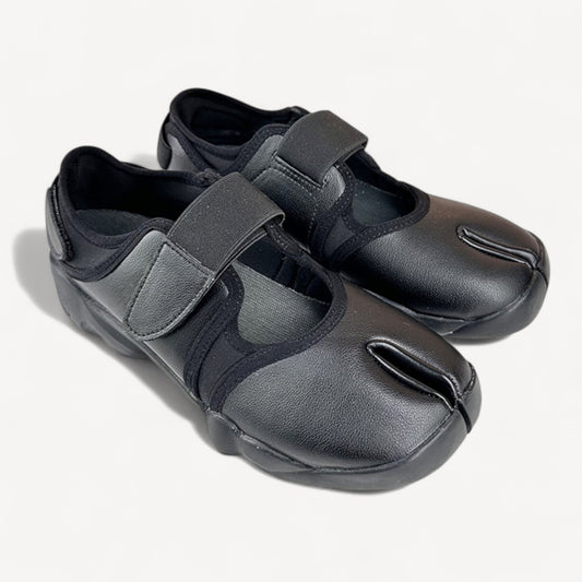 Black Leather Ballet Sneaker Split-Toe Ballerina Flats Tabi