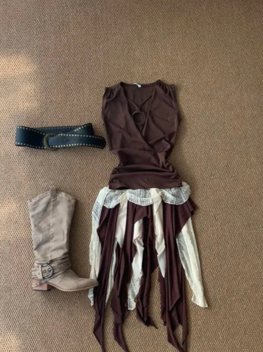 Brown Vest and Colorblock Skirt Y2K two pieces sets
