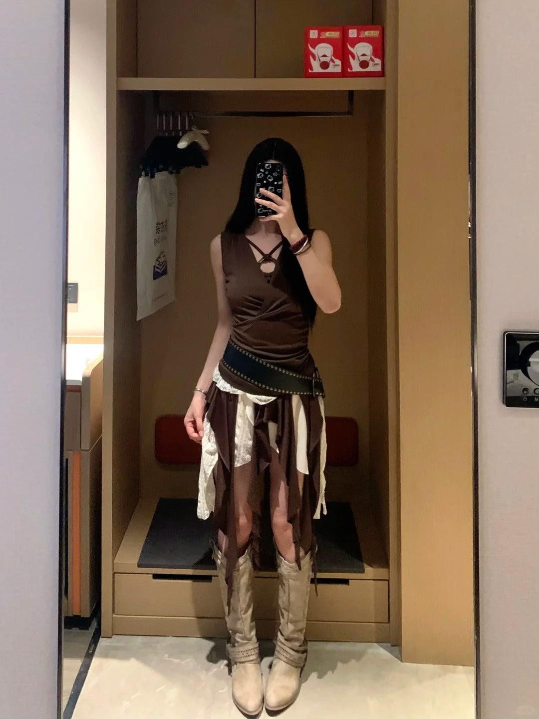 Brown Vest and Colorblock Skirt Y2K two pieces sets