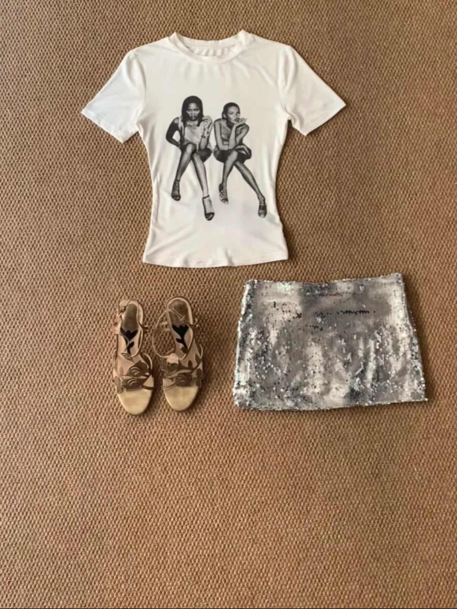 Cropped Portrait Top and Silver Mini Skirt Two Pieces Sets