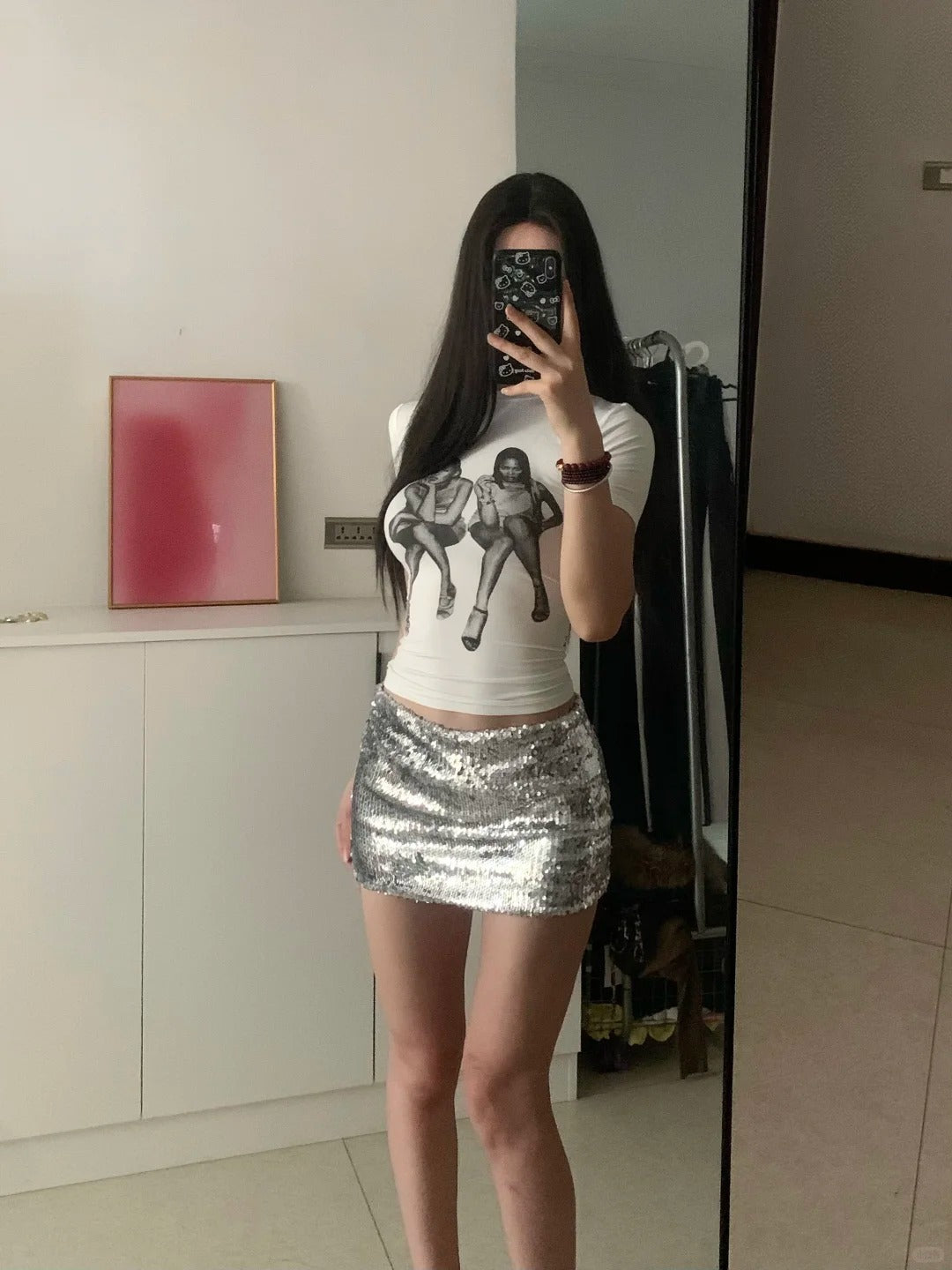 Cropped Portrait Top and Silver Mini Skirt Two Pieces Sets