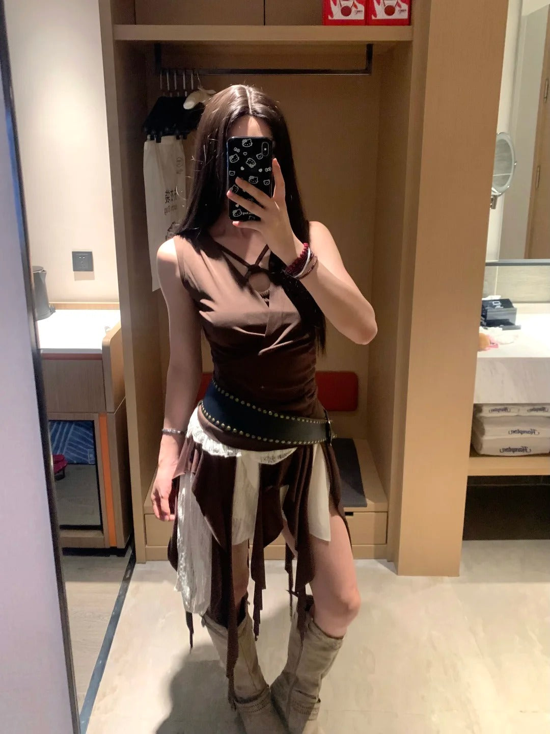 Brown Vest and Colorblock Skirt Y2K two pieces sets