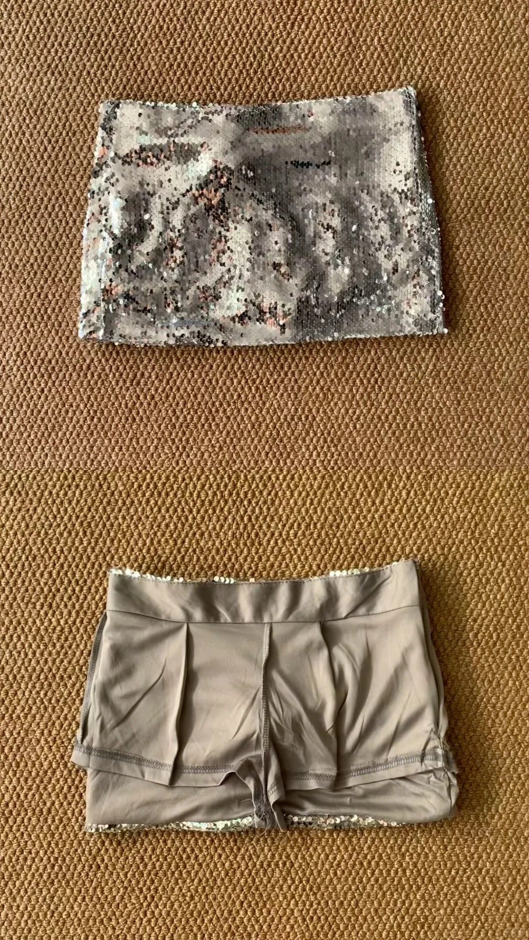 Cropped Portrait Top and Silver Mini Skirt Two Pieces Sets