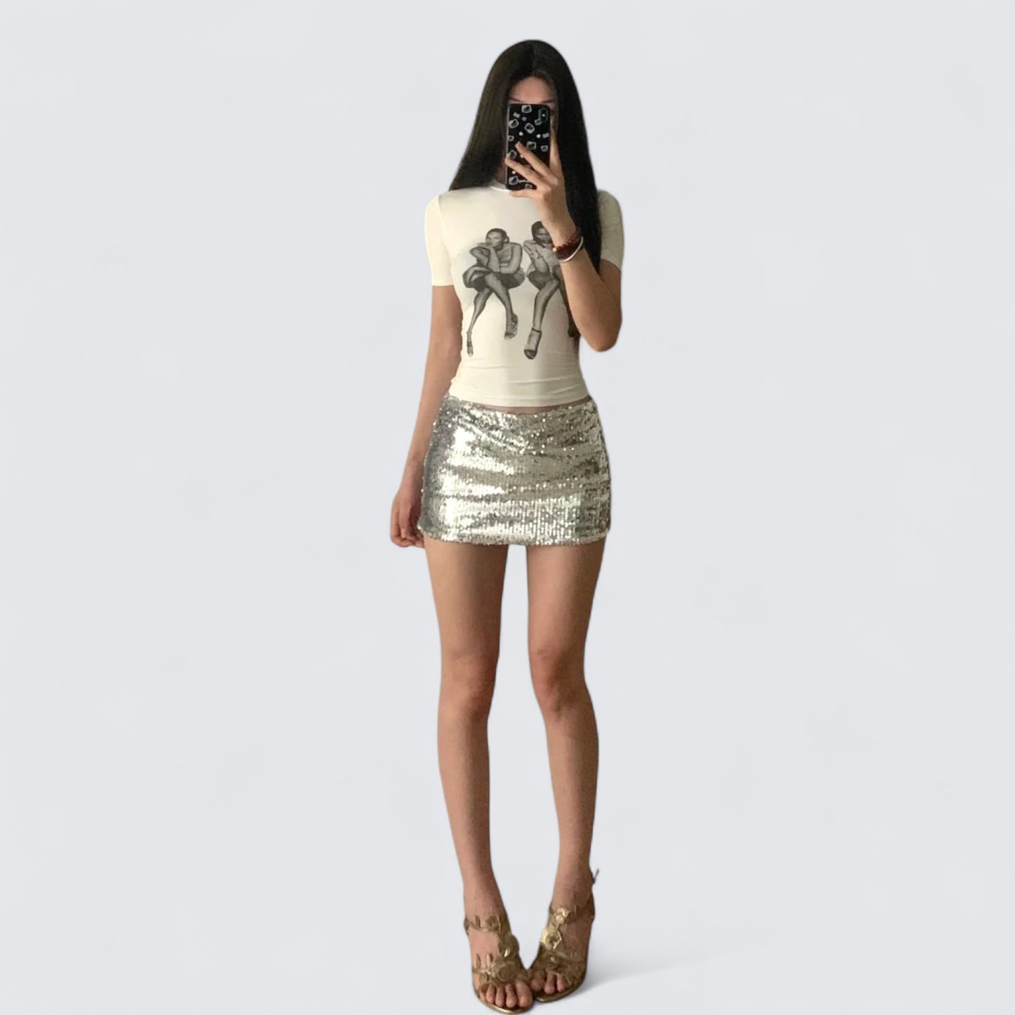 Cropped Portrait Top and Silver Mini Skirt Two Pieces Sets