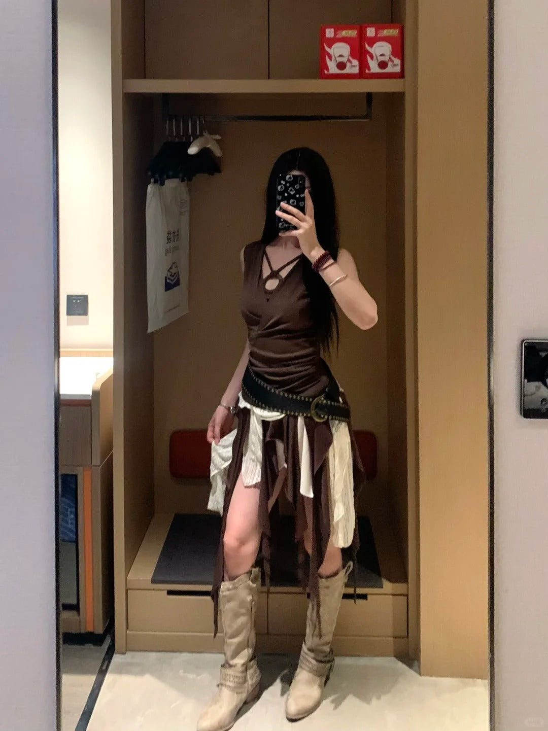 Brown Vest and Colorblock Skirt Y2K two pieces sets