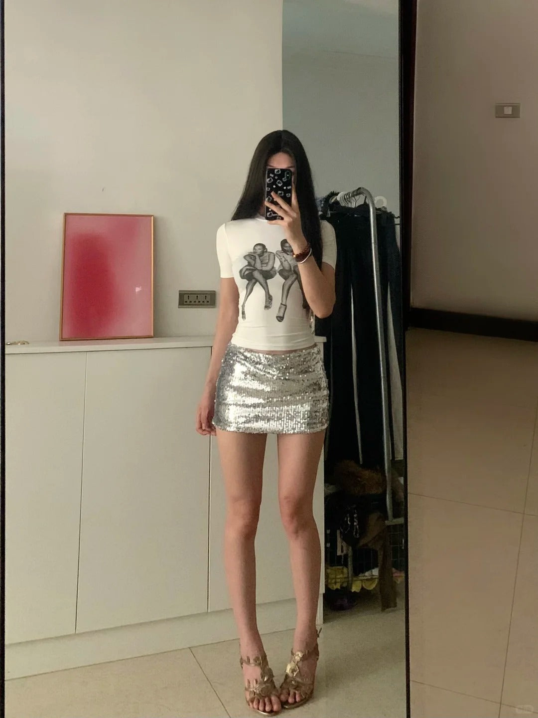 Cropped Portrait Top and Silver Mini Skirt Two Pieces Sets