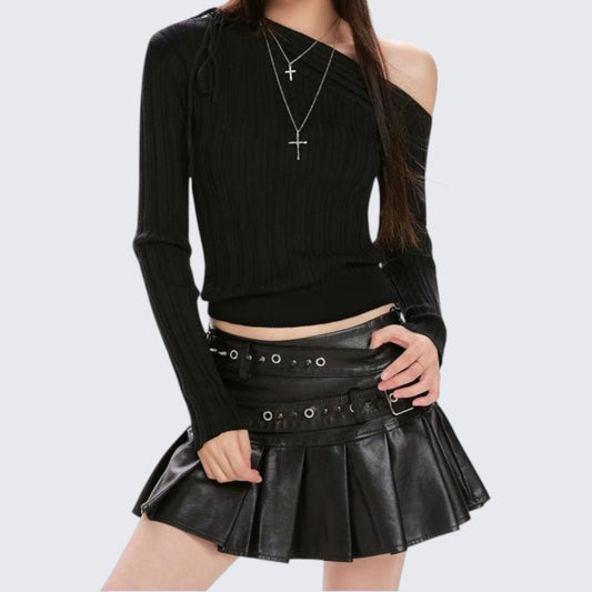 Spring & Autumn Red Diagonal-Collar Long-Sleeve Knitted Sweater