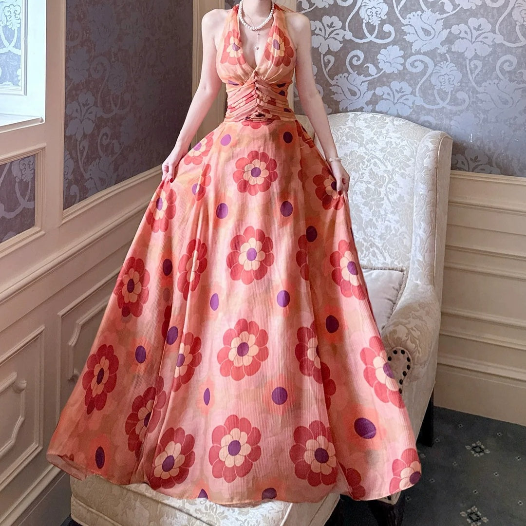 French Orange Floral Halter Neck Gown Dress – Summer Vacation Dress
