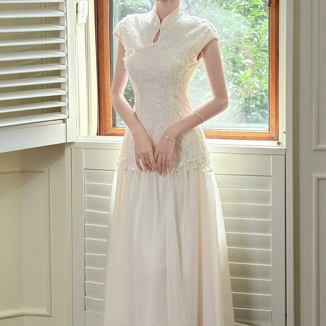 Chinese Mesh Sequin Lace Cheongsam Gown Dress