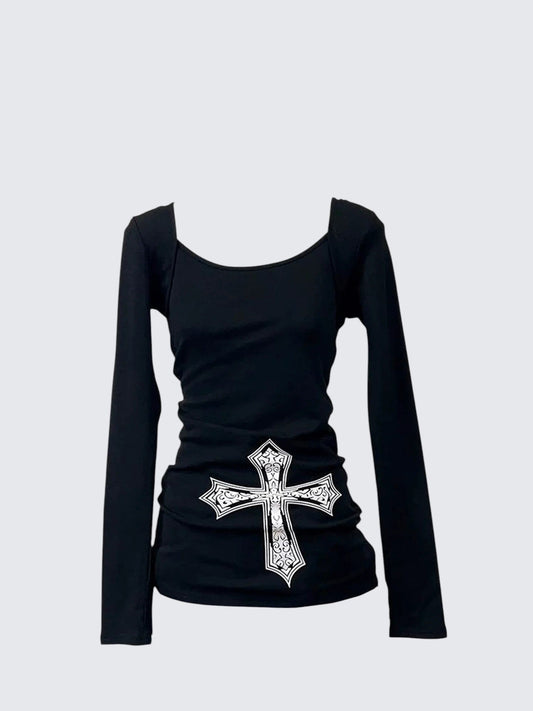 American Retro Cross Print Long Sleeve T-shirt