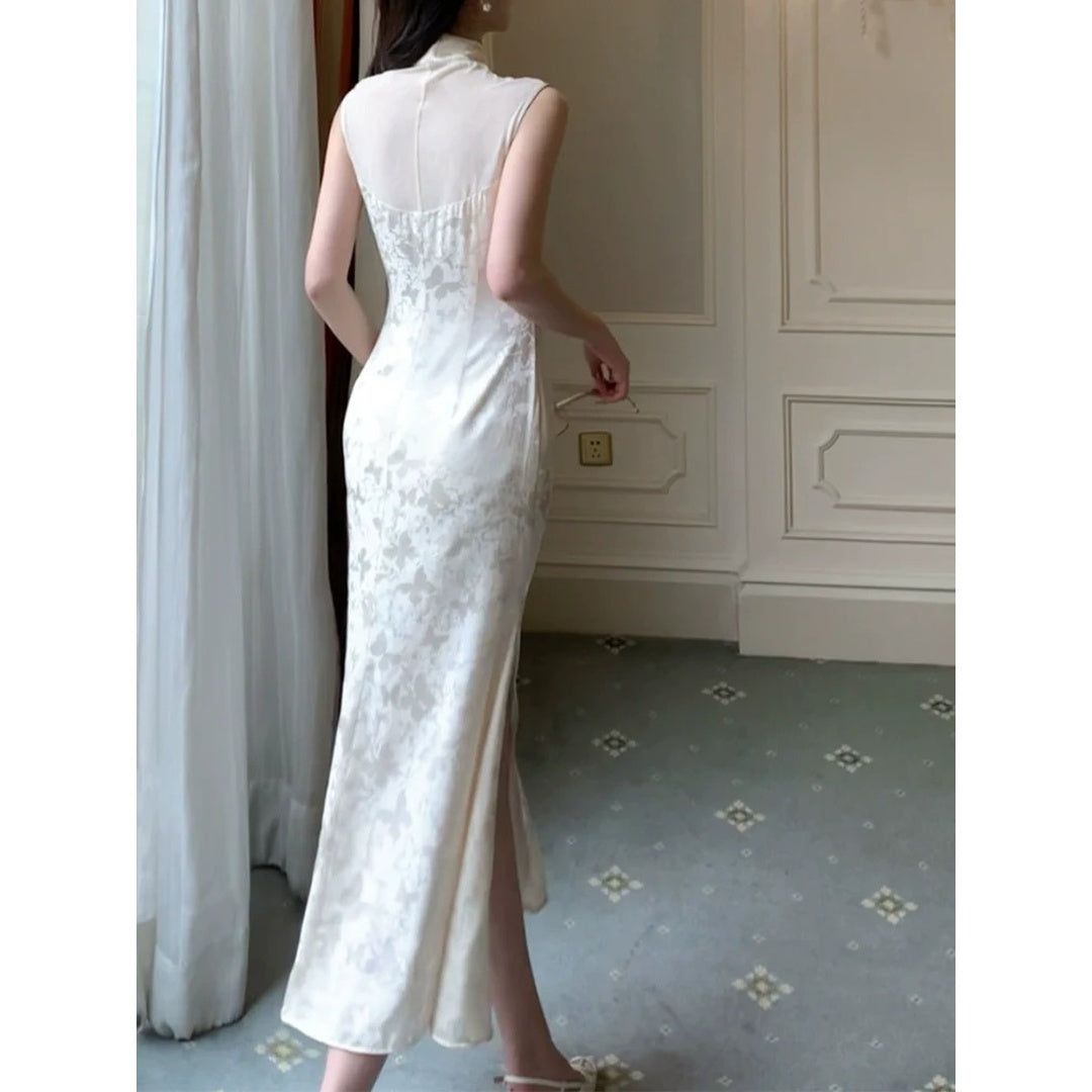 Chinese Satin Jacquard Modified Cheongsam Gown Dress