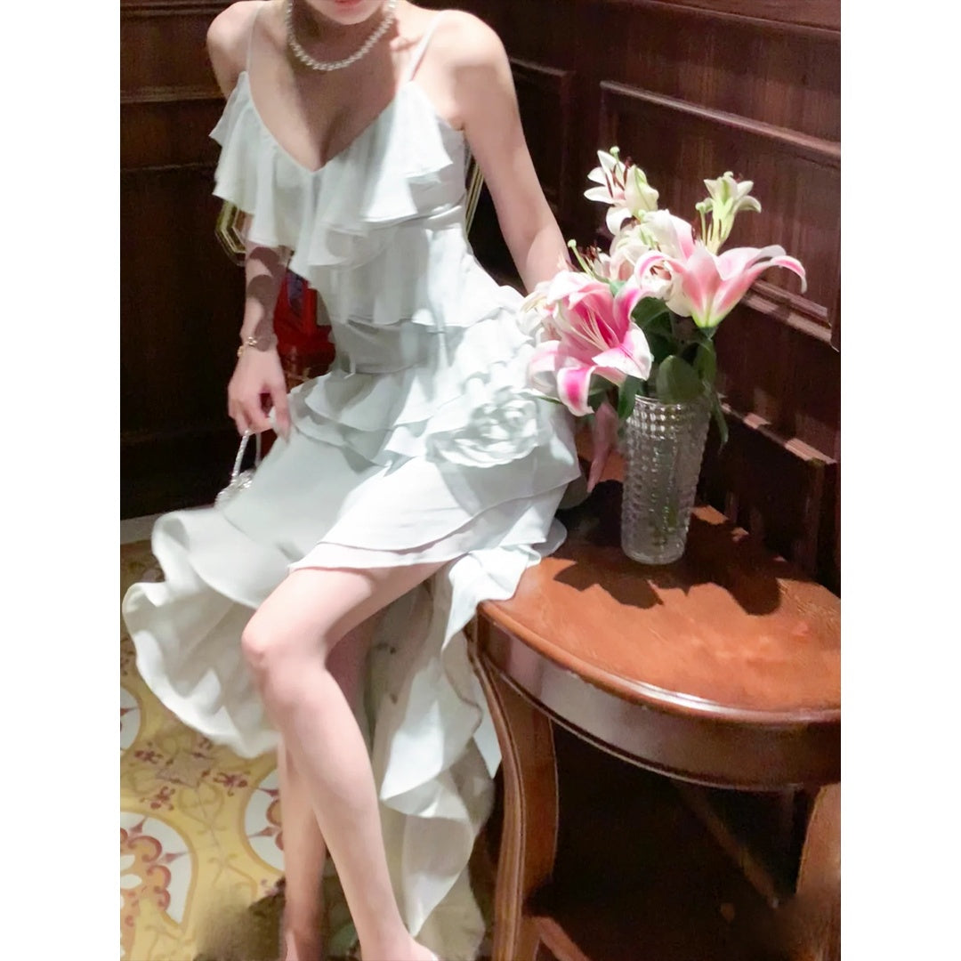 French Ruffle Asymmetrical Floral Resort Gown Dress – Fairy Tale Summer Dress