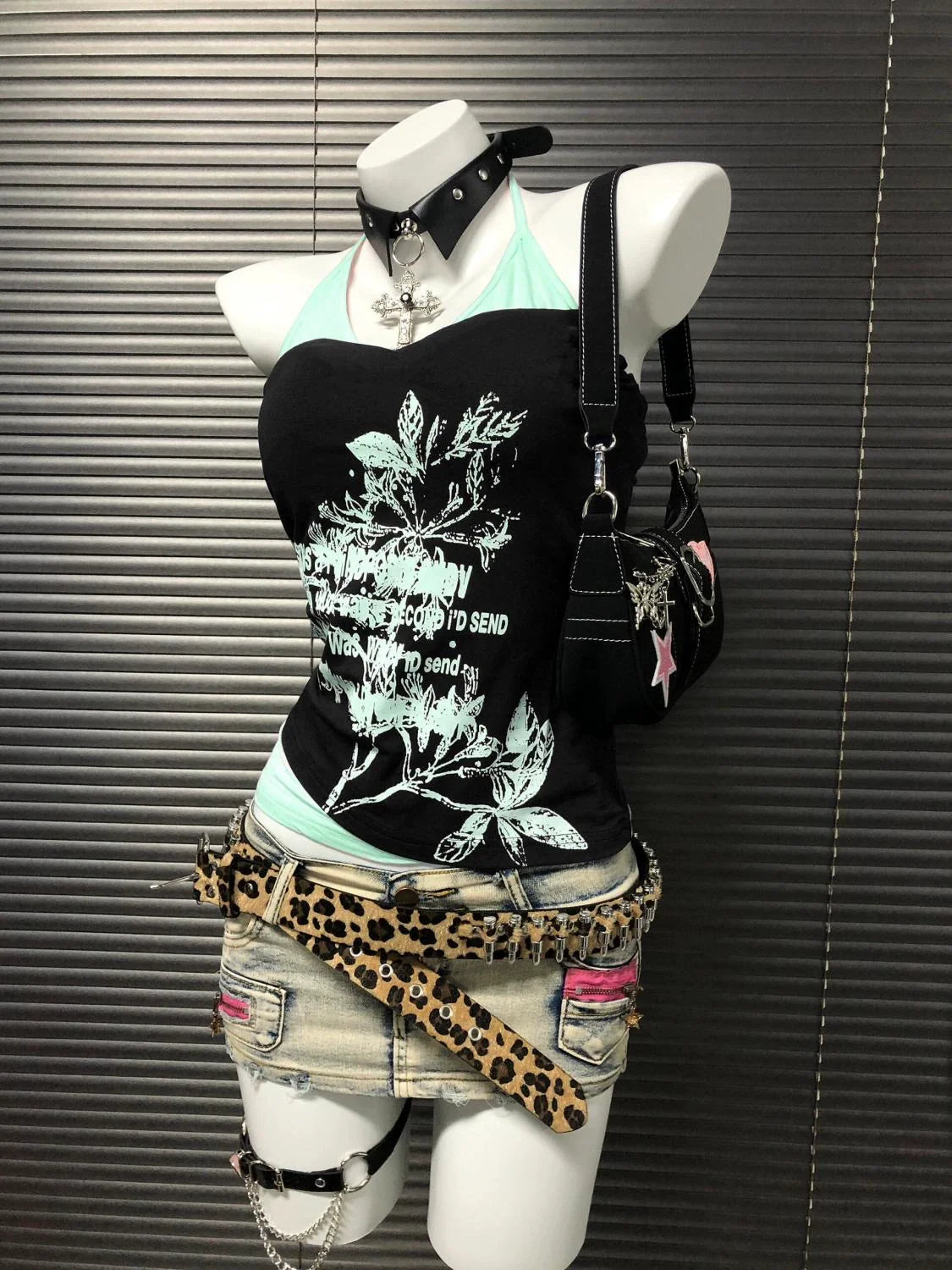 Black Vintage Patchwork Sleeveless Subculture Y2K E-girl Abi American Retro Print Fake Two-Piece Top