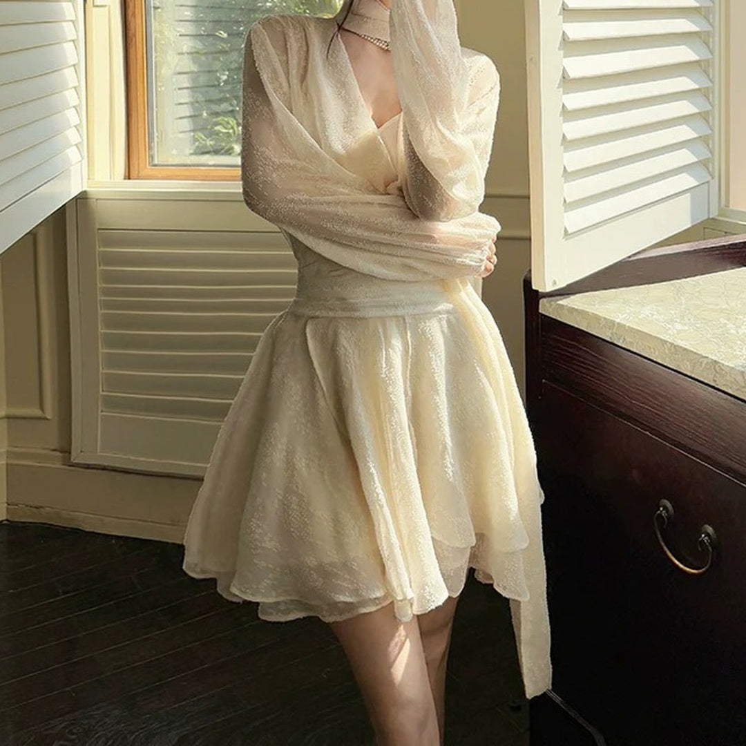French Long Sleeve Chiffon Designer Short Dress – Spring and Summer Elegant Dress