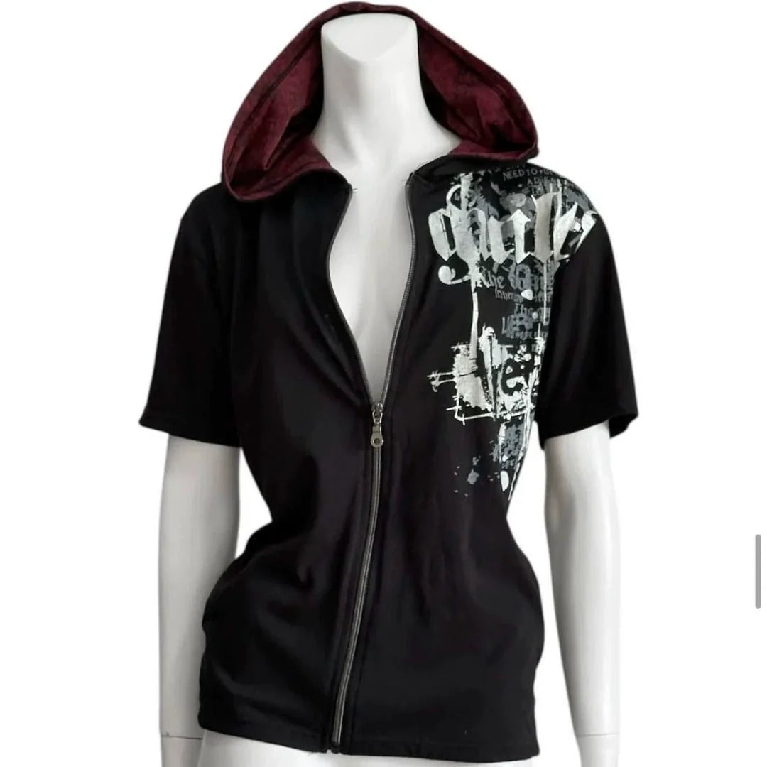 Black Gothic Punk American Vintage Hooded Short-Sleeve Y2K T-Shirt