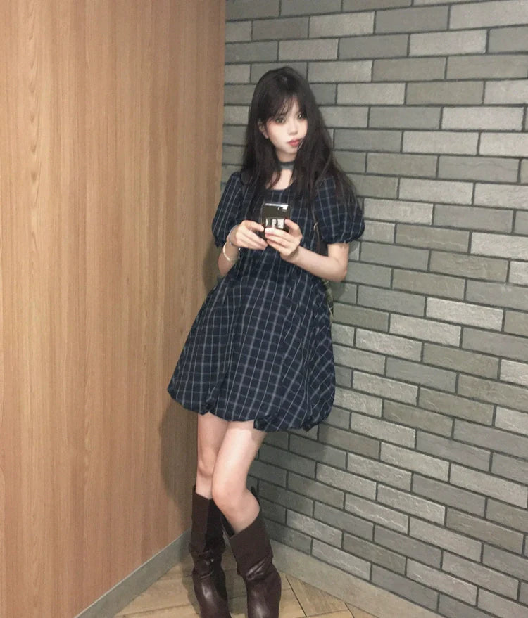Japanese-Style Navy Plaid Baby-Doll Mini Dress