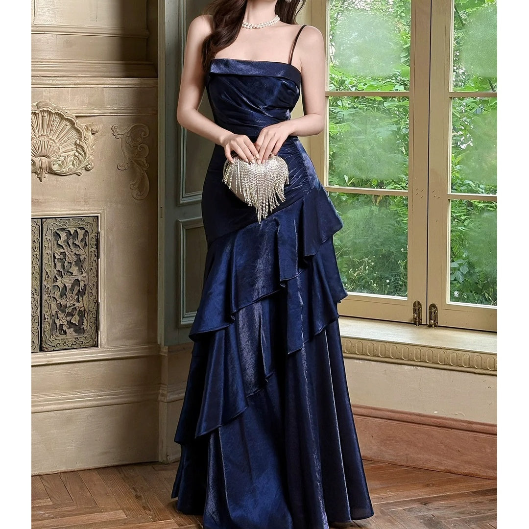 French Blue Spaghetti Strap Waist Gown Dress – Slim Fit Evening Dress