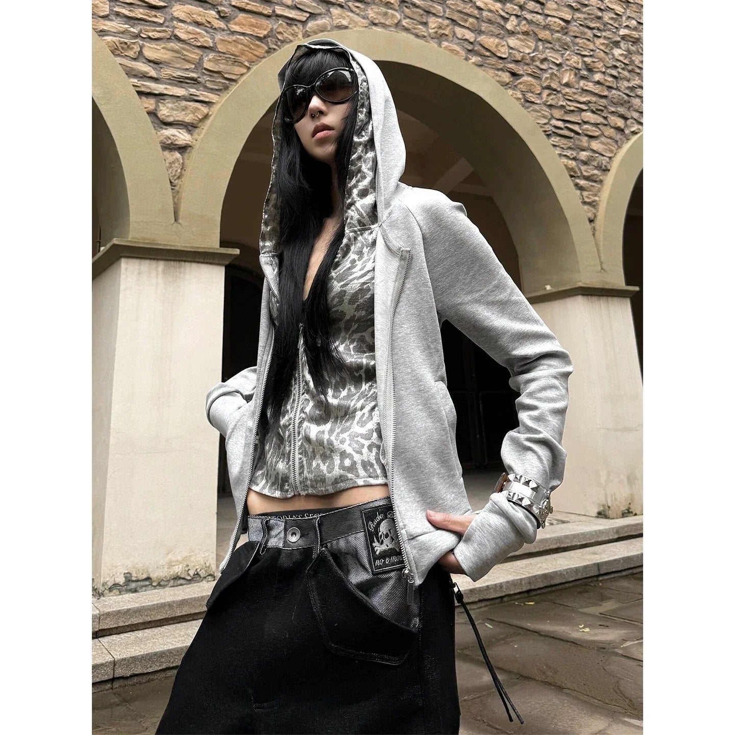 Y2K Patchwork Leopard Hoodie Jacket for Early Autumn